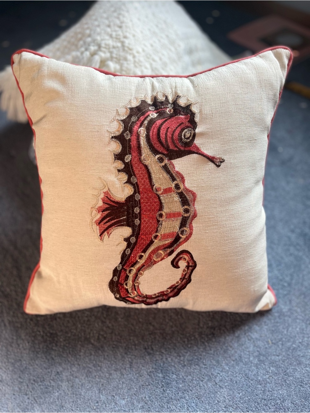 Seahorse Embroidered Accent Pillow in Cream and coral